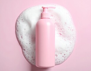 Pink Bottle of Body Wash Surrounded by Foam.