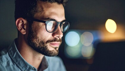 A man wearing glasses concentrating on a monitor in a dark room