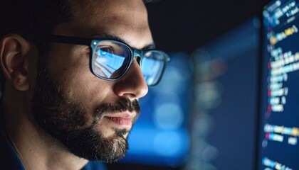 A man wearing glasses concentrating on a monitor in a dark room