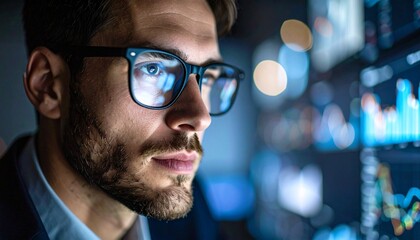 A man wearing glasses concentrating on a monitor in a dark room