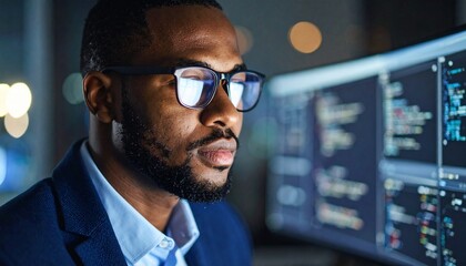 A man wearing glasses concentrating on a monitor in a dark room