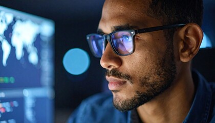 A man wearing glasses concentrating on a monitor in a dark room