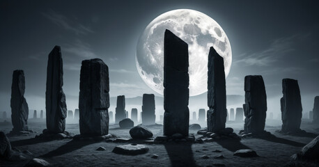 Megalithic stone monument illuminated by full moon casting long shadows at night