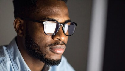 A man wearing glasses concentrating on a monitor in a dark room