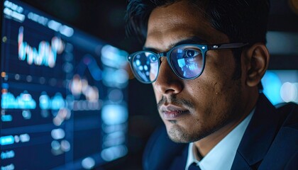 A man wearing glasses concentrating on a monitor in a dark room