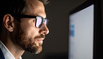 A man wearing glasses concentrating on a monitor in a dark room