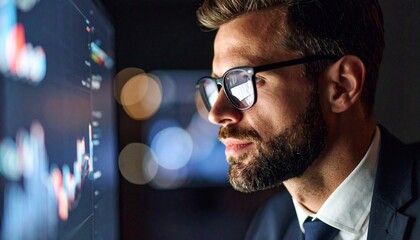 A man wearing glasses concentrating on a monitor in a dark room