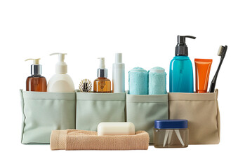 Travel sized toiletries kit with bottles and containers isolated on a transparent background