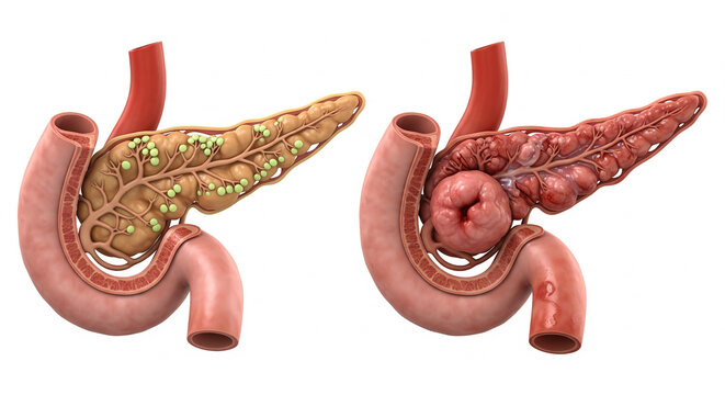 3D Medical Illustration of Healthy and Diseased Pancreas