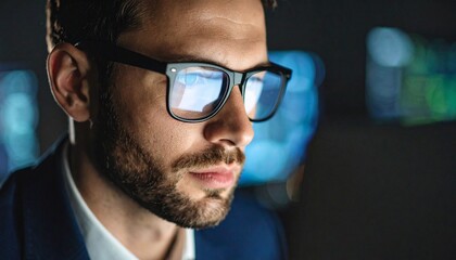 A man wearing glasses concentrating on a monitor in a dark room