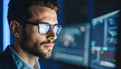 A man wearing glasses concentrating on a monitor in a dark room