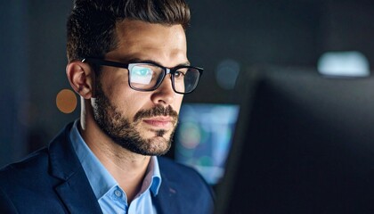 A man wearing glasses concentrating on a monitor in a dark room