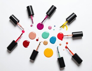 Colorful nail polish and brushes arranged on a white background.