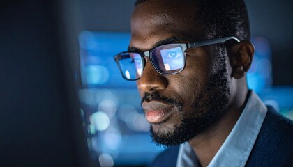 A man wearing glasses concentrating on a monitor in a dark room