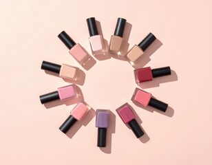 Obraz premium Colorful nail polish bottles arranged in a circle on a pastel pink background.