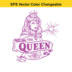 Vector art of the queen vector illustration with crown and magic wand