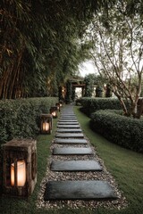 Serene stone pathway winds through a lush garden, illuminated by warm lanterns, creating a tranquil and inviting atmosphere.
