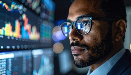 Fototapeta premium A man wearing glasses concentrating on a monitor in a dark room