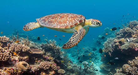 Obraz premium Sea turtle swimming over coral reef