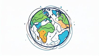 Stylized Earth globe, continents outlined in flowing lines, vibrant colors