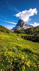 Alpine peak above a vibrant flower field