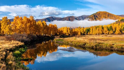 Autumnal river reflecting golden trees
