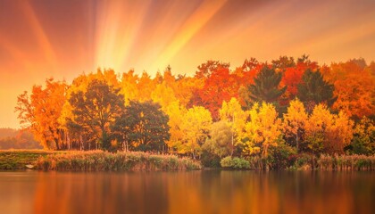 Autumnal sunrise over a serene lake. Vivid fall colors paint the trees lining the water's edge