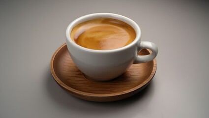Naklejka premium A rich espresso coffee in a white cup on a wooden saucer