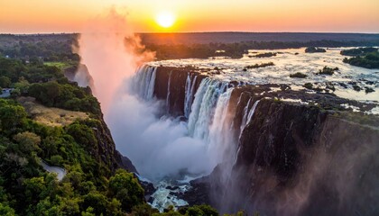 Fototapeta premium Sunrise over Victoria Falls. Lush landscape, powerful waterfall, golden sunrise