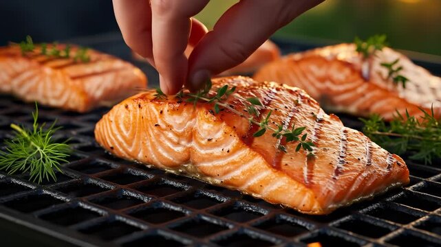 Delicious grilled salmon fillet preparation with fresh herbs, tasty and healthy