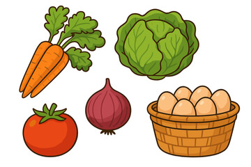 Colorful arrangement of fresh farm produce and eggs, including carrots, cabbage, ripe tomato, and red onion