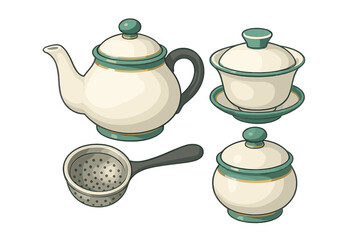 Elegant classic tea service collection with teapot, lidded cup, sugar bowl, and tea strainer in cream and teal