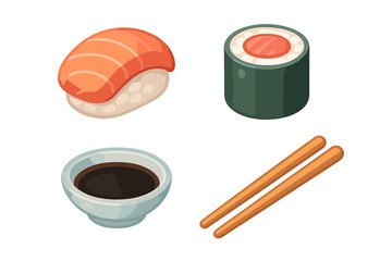Traditional Japanese food collection with salmon nigiri, maki roll, soy sauce, and wooden chopsticks