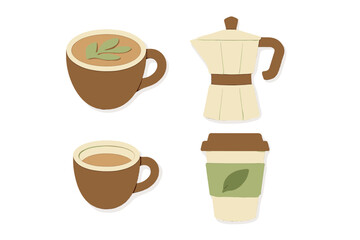 Paper cut style coffee and tea drink icons including a moka pot, a latte cup, a plain cup, and a disposable cup