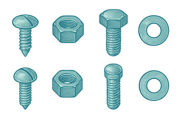 Collection of various industrial hardware components such as threaded screws, hexagonal nuts, and flat washers essential for construction and mechanical assembly