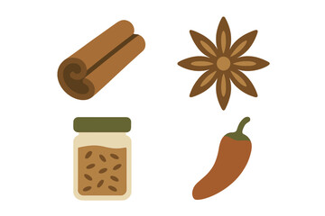 Assortment of aromatic culinary spices including cinnamon sticks, star anise pods, red chili peppers, and various seeds