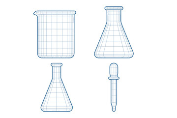 Scientific laboratory glassware set featuring beaker, two Erlenmeyer flasks, and a dropper in a detailed wireframe style