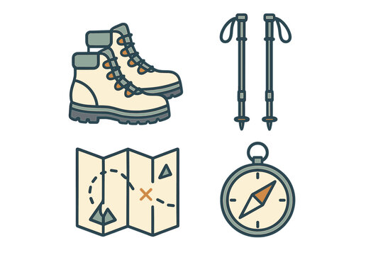 Essential hiking gear including sturdy boots, reliable trekking poles, a detailed map, and a functional compass for outdoor exploration
