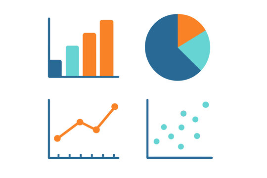 Diverse business data visualization charts featuring bar, pie, line, and scatter graphs for analytics
