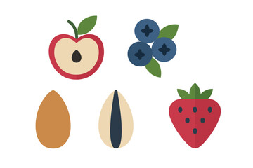 Colorful assortment of healthy fruits and nuts such as apple, blueberries, strawberry, almond, and sunflower seed