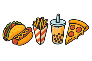 Assortment of popular fast food and beverage items including taco, hot dog, french fries, bubble tea, and pizza slice