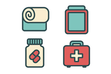 Essential medical supplies and first aid kit with a rolled bandage, pill bottle, and various containers