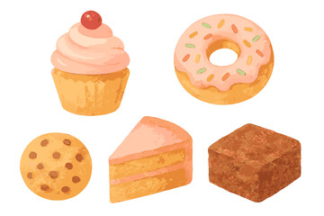 Delicious baked goods and sweet desserts assortment with cupcake, donut, cookie, cake, and brownie on white background