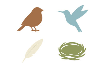 Paper cut style bird, hummingbird, feather, and nest collection for spring and nature-themed designs