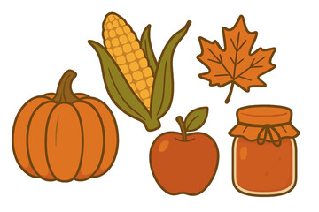 Collection of autumn harvest elements featuring a vibrant orange pumpkin, yellow corn on the cob, a red apple, a classic maple leaf, and a rustic jam jar