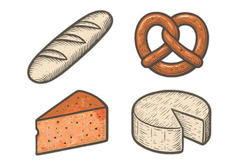 Classic European food items assortment with baguette, pretzel, and various cheese varieties, traditional bakery and dairy products for a rustic meal or snack