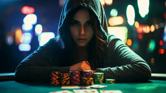 A focused female poker player immersed in casino environment, where she intensely concentrates on her cards and chips, embodying the thrilling essence of gaming, competition, and strategic risktaking