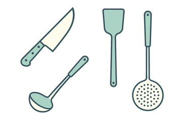 Collection of essential kitchen utensils including knife, spatula, ladle, and skimmer for cooking and food preparation