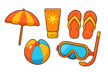 Collection of colorful summer beach vacation essentials including umbrella, sunscreen, flip-flops, ball, and snorkel gear