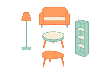 Contemporary home interior furniture collection featuring armchair coffee table side table floor lamp and tall bookshelf